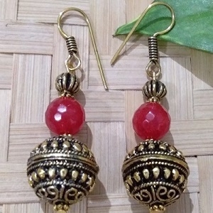 Red Agate Gold Tone Ball Handmade Gemstone Earrings
