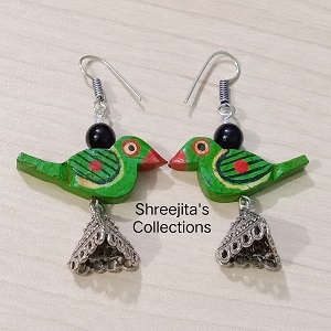 Green Wooden Birds Handmade Jhumka Earrings