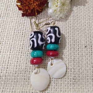 Multicoloured Beads Batik Beads & White Shell Dangler Tribal Earrings