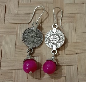 Pink Onyx Ashrafi Coin Silver Toned Dangler Earrings