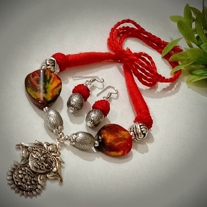 Silver Oxidised Maa Durga Handmade Necklace Set