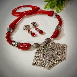 Ganesha Pendant Red Coral Designer Handmade Necklace Set