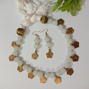 Gold Tone Charms With White Glass Beads Necklace Set