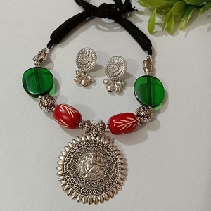 German Silver Ganesha With Green And Red Beads Necklace Set