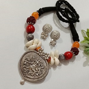 Multi Beaded Cowrie Shell Oxidised Deity Motif Tribal Necklace Set