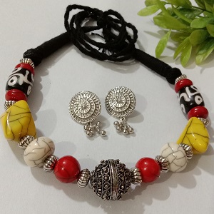 Silver Oxidised Ball Multicoloured Beads Boho Tribal Necklace