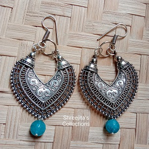 Silver Oxidised Sky Blue Onyx Gemstone Earrings For Women