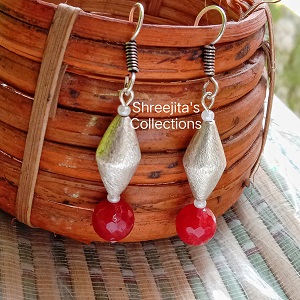 Red Agate Silver-Plated Dholki Beads Gemstone Earrings