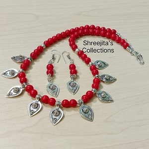 Oxidised Silver Red Glass Beads Handmade Necklace Set