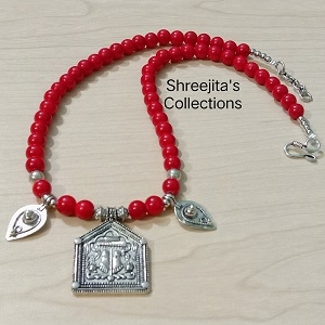 Red Glass Beads Oxidised Silver Handmade Fashion Necklace Set