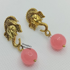 Pink Agate Gemstone Handmade Ethnic Golden Ganesha Earrings
