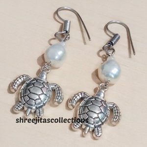 Pearl Silver Turtle Handmade Earrings