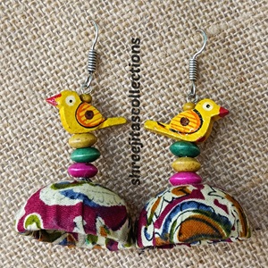 Kalamkari Fabric Jhumka With Wooden Birds Handmade Earrings