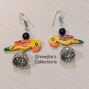 Oxidised Jhumka Yellow Wooden Birds Handmade Earrings
