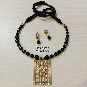 Dokra Tribal Handmade Necklace Set With Black Onyx Stone