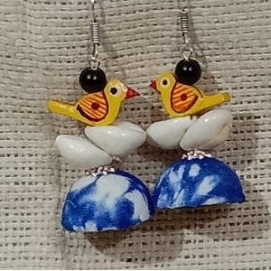 Fabric Jhumka With Indigo Shibori Wooden Birds Earrings