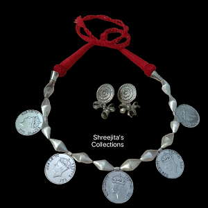 Oxidised Tribal Coin Red Thread Handmade Necklace Set