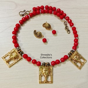 Dokra Tribal Ganesha Red Onyx Gemstone Handmade Necklace Set
